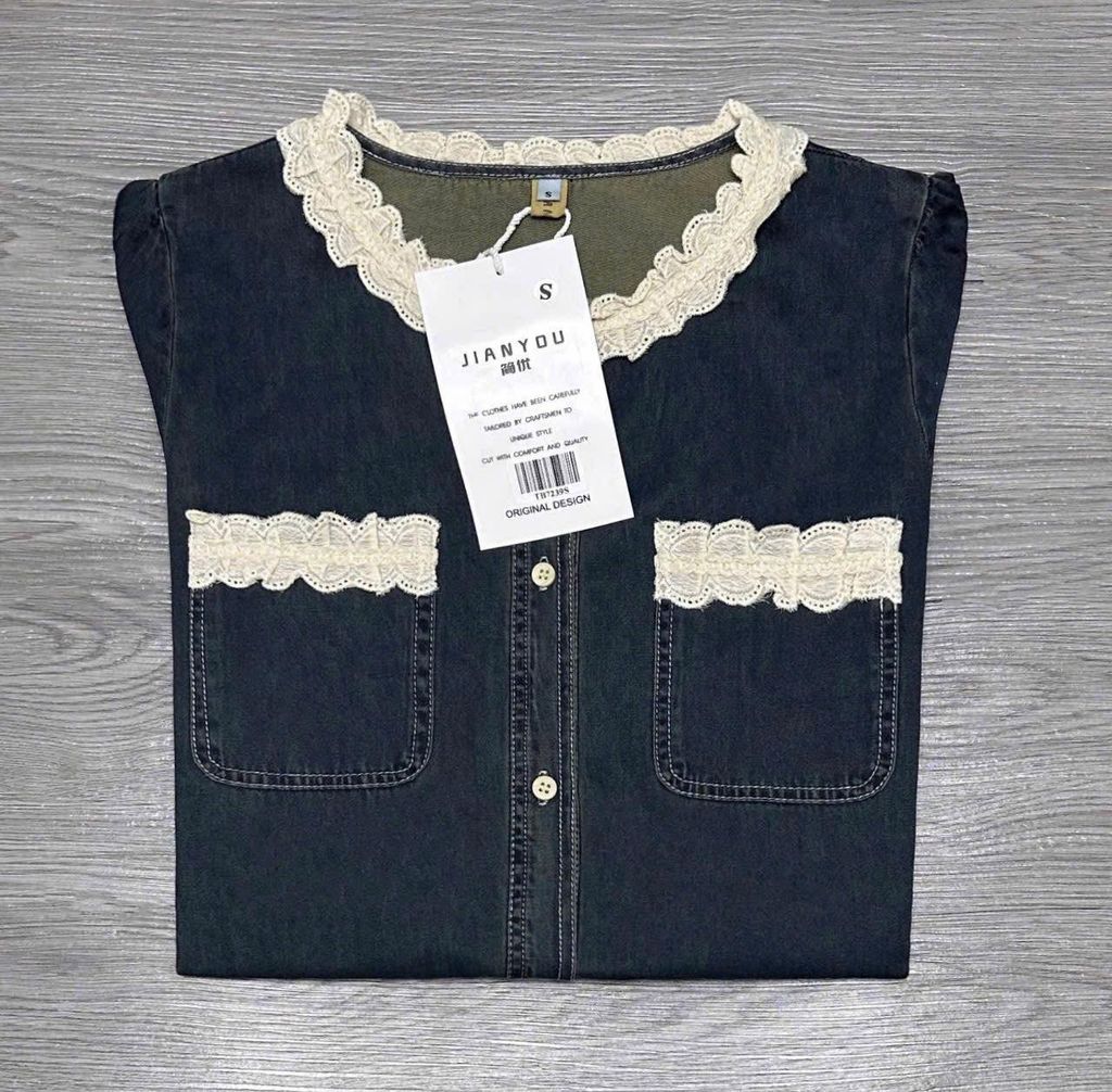 TB7239- Đầm jean A suông cổ phối viền