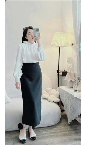 SKY7574-Set công sở vai áo đính hoa, CV bút chì Đen