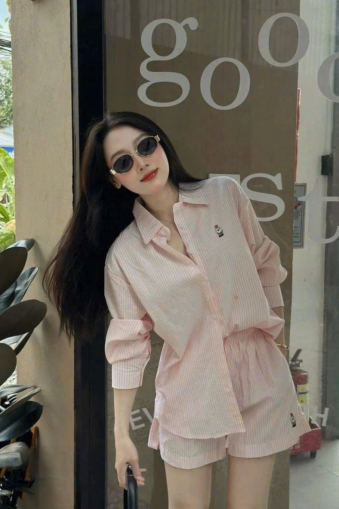 KS0285 SET SƠMI GẤU QUẦN SHORT (SỌC HỒNG)