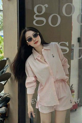 KS0285 SET SƠMI GẤU QUẦN SHORT (SỌC HỒNG)