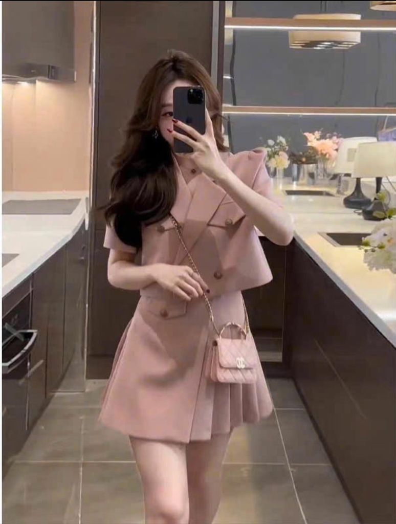 TB5663-Set áo cổ vest, CV kiểu xếp ly Hồng