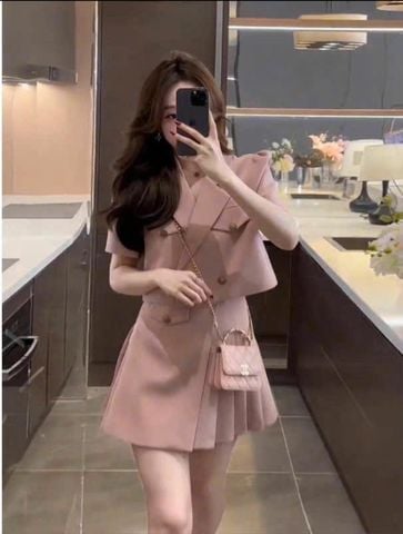 TB5663-Set áo cổ vest, CV kiểu xếp ly Hồng