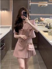 TB5663-Set áo cổ vest, CV kiểu xếp ly Hồng