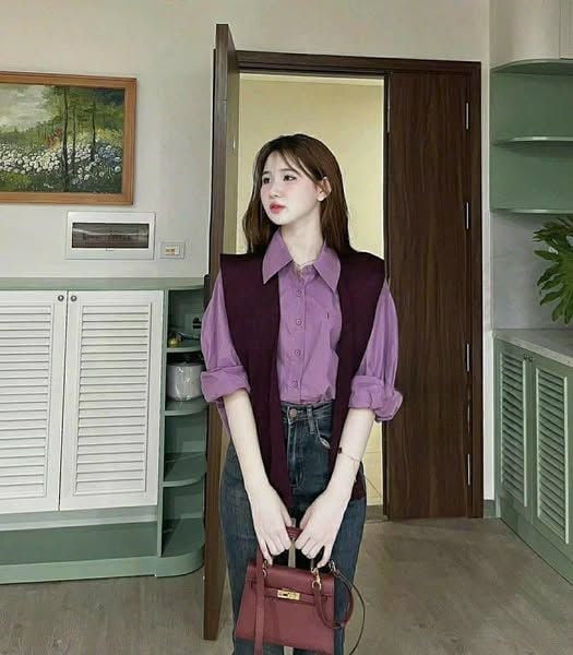 VGU9328-Áo sơ mi kèm khăn choàng (2 món)