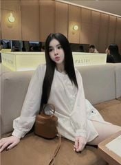 TB7577-Set áo tay dài thêu họa tiết, quần short Trắng