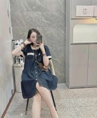 TB7239- Đầm jean A suông cổ phối viền