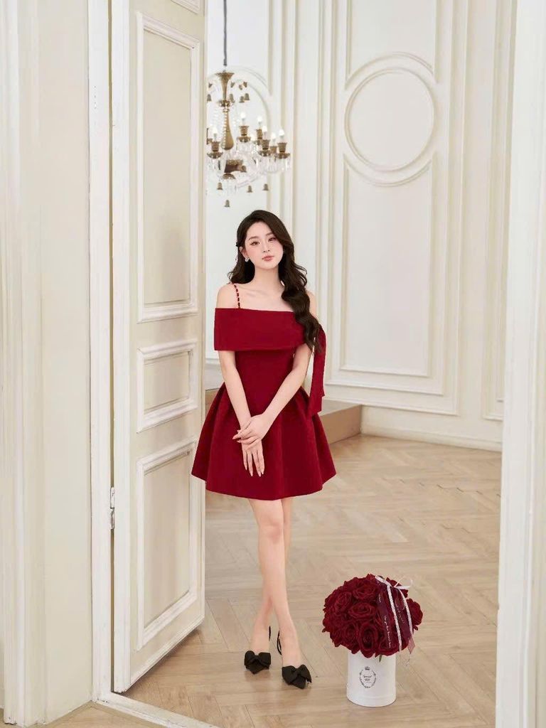 KS0198- Đầm kiểu 2 dây bệt vai Đỏ