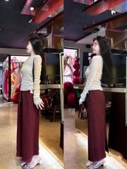 VGU9298 - Set Áo Kiểu Tay Dài Trắng Cổ Ren , Chân Váy Đỏ