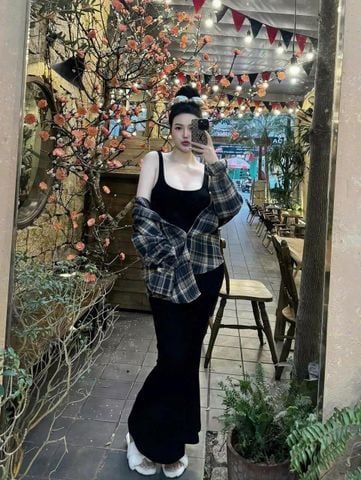 TQ3987-Set đầm body +áo sơ mi caro