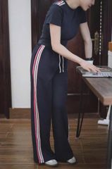 TB7665-Set thể thao áo+quần phối sọc Kem