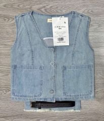 TB7157-Set Jean áo gile phối túi, quần suông lai tua rua CC (X.Nhạt)