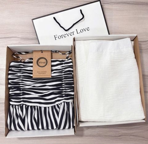 VRA0398-Set TK áo sọc 2 dây nhúng ngực, quần linen CC