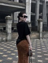 VGU9430-Set áo thun tay ngắn , CV ren hoa Nâu (áo Đen)