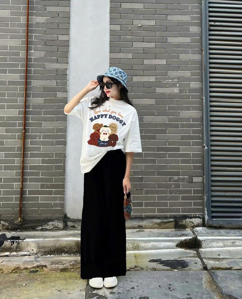 TQ3989-Set áo thun in hình, CV dài Đen