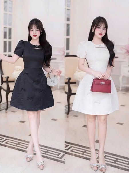 TQ3992-Đầm tay phồng tùng đính nơ Đen