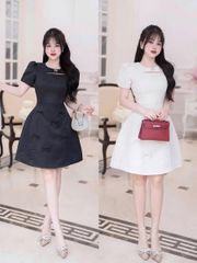 TQ3992-Đầm tay phồng tùng đính nơ Đen