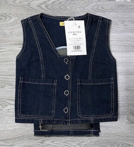 TB7156-Set Jean áo gile phối túi, quần suông lai tua rua CC (X.Đậm)