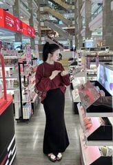 SKY7677-Set áo tay dài đính hoa, CV đuôi cá Đen