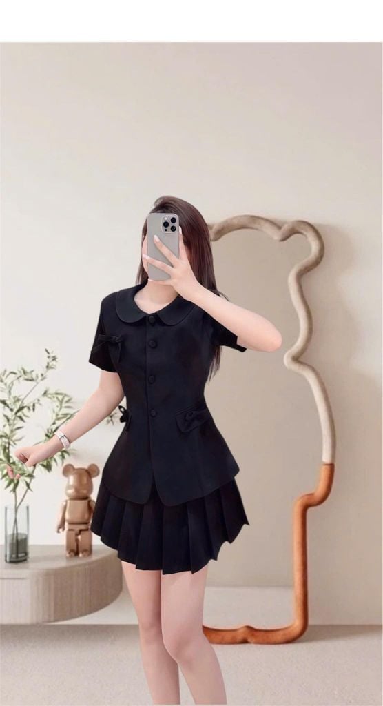 VGU9417-Set TK áo cổ sen đính nơ, CV xếp ly CC