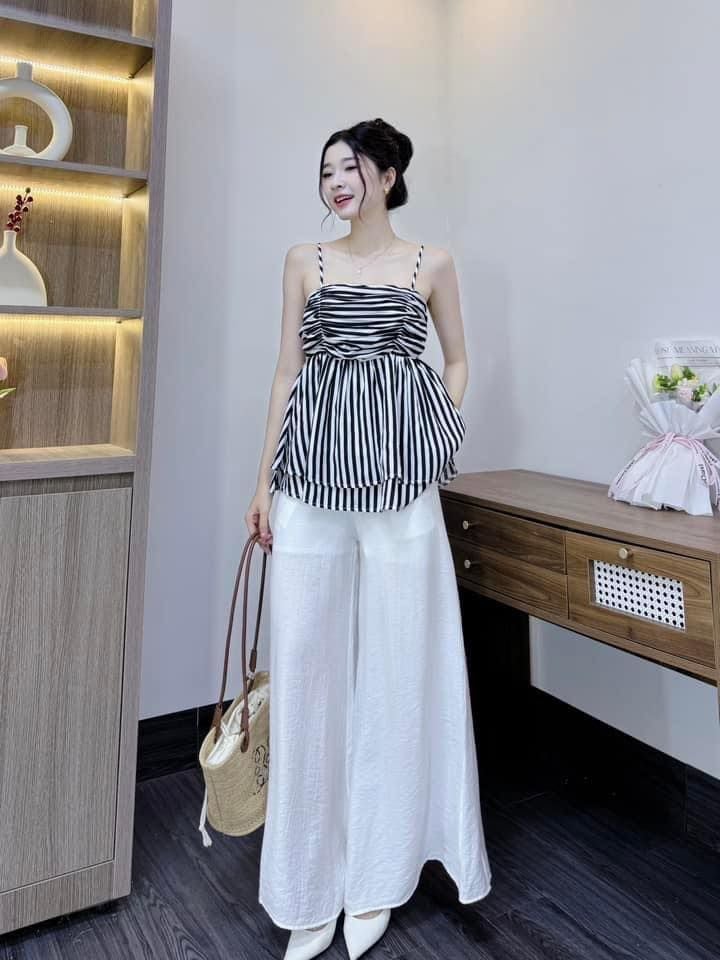 VRA0398-Set TK áo sọc 2 dây nhúng ngực, quần linen CC