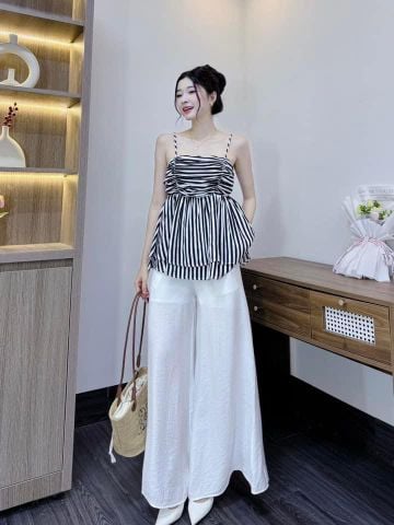 VRA0398-Set TK áo sọc 2 dây nhúng ngực, quần linen CC