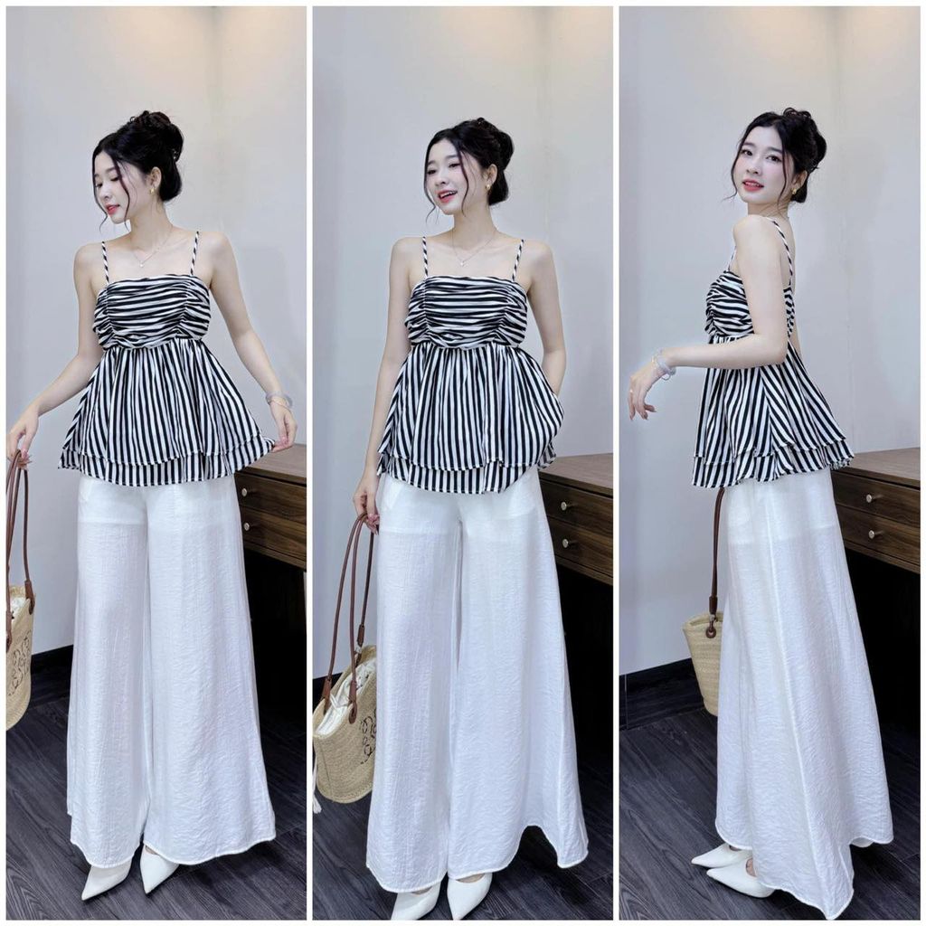 VRA0398-Set TK áo sọc 2 dây nhúng ngực, quần linen CC