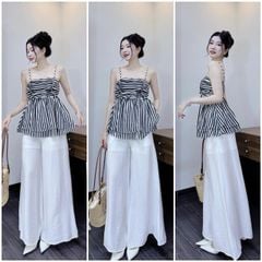 VRA0398-Set TK áo sọc 2 dây nhúng ngực, quần linen CC
