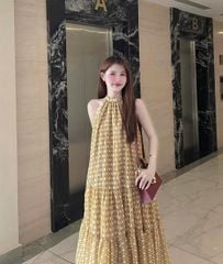 VGU9483-Đầm maxi cổ yếm đính hoa Vàng