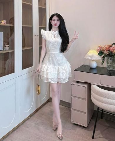 VRA0418 ĐẦM TẦNG THÊU HOA PHỐI NƠ