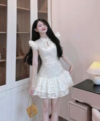 VRA0418 ĐẦM TẦNG THÊU HOA PHỐI NƠ
