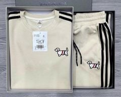 SKY7689-Set áo thun+quần suông phối sọc, họa tiết thêu Kem