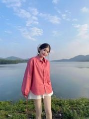 VGU9499-Set áo sơ mi hồng, CV ngắn Trắng