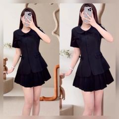 VGU9417-Set TK áo cổ sen đính nơ, CV xếp ly CC