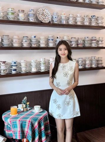 VGU9530-Đầm TK đính hoa đá Trắng