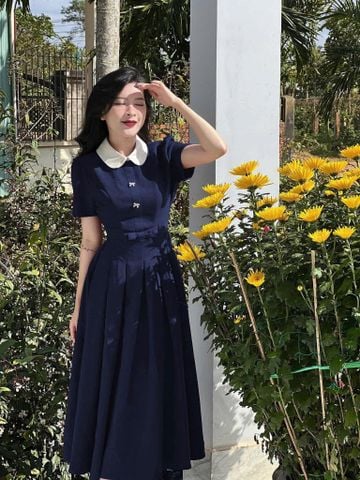 SKY7753-Đầm xòe  phối cổ sen đính nơ Đen