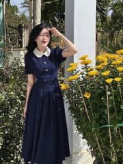 SKY7753-Đầm xòe  phối cổ sen đính nơ Đen