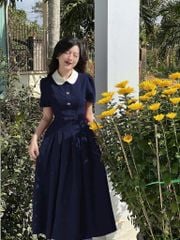 SKY7753-Đầm xòe  phối cổ sen đính nơ Đen