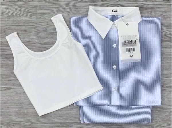 KS0376-Set 3 món sọc Xanh (áo sơ mi+áo thun 3 lỗ+quần short)