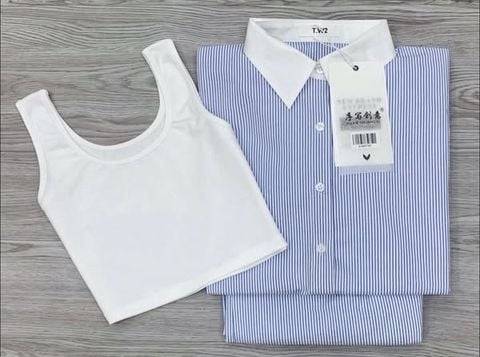 KS0376-Set 3 món sọc Xanh (áo sơ mi+áo thun 3 lỗ+quần short)