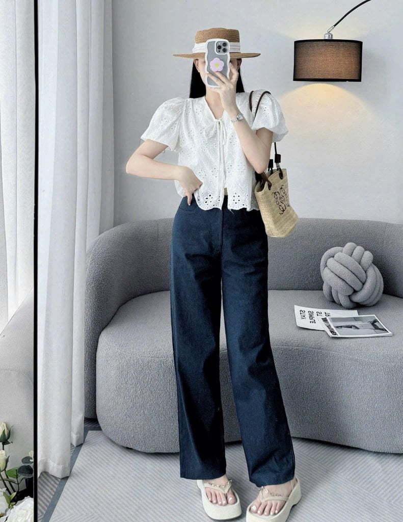 KS0368-Set áo xô thêu tay phồng, quần jean dài CC
