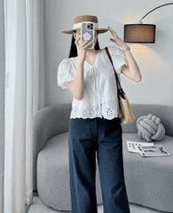 KS0368-Set áo xô thêu tay phồng, quần jean dài CC