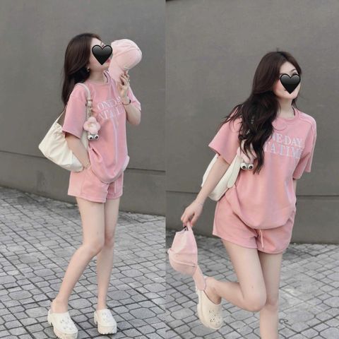TQ4029-Set thun áo in chữ, quần short Hồng