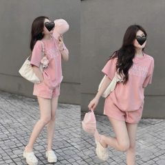 TQ4029-Set thun áo in chữ, quần short Hồng