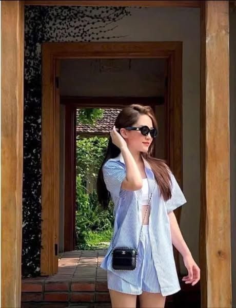 KS0376-Set 3 món sọc Xanh (áo sơ mi+áo thun 3 lỗ+quần short)