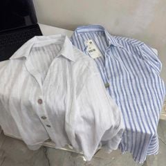 TQ4033-Áo sơ mi cổ V kẻ Trắng