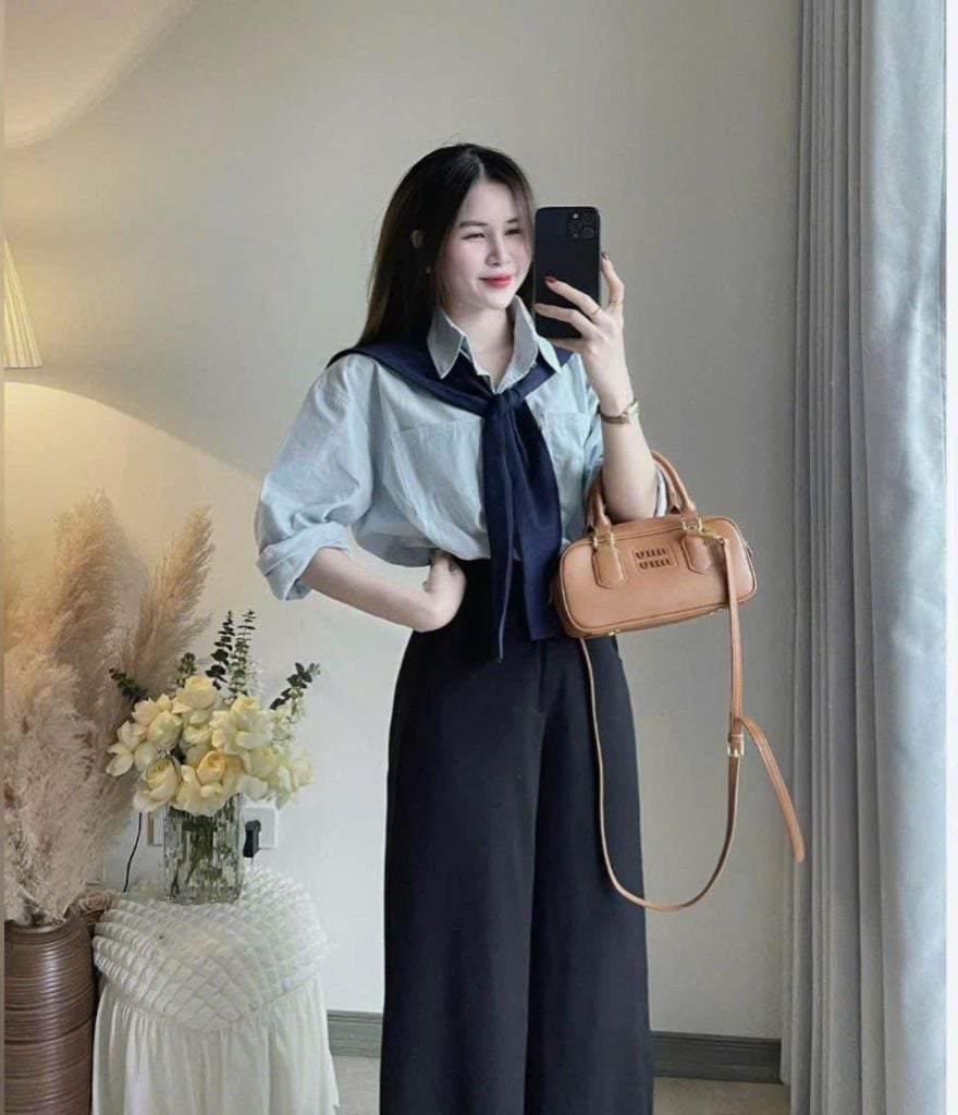 VGU9649-Set 3 món ( áo sơ mi xanh+quầng suông đen+ khăn choàng)