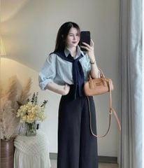 VGU9649-Set 3 món ( áo sơ mi xanh+quầng suông đen+ khăn choàng)