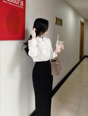 TQ4020-Set công sở áo sơ mi kiểu, CV dài Đen (áo Trắng)