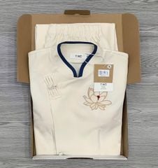 KS0402-Set đồ lam áo phối nút tàu thêu hoa sen, quần dài Kem