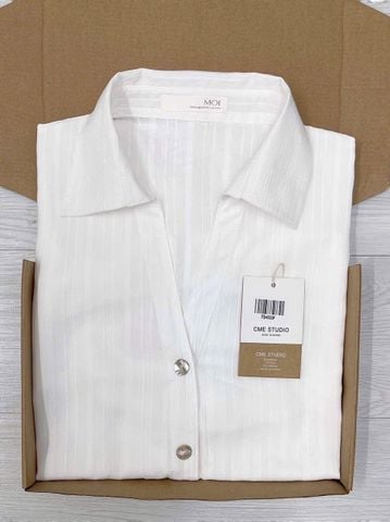 TQ4033-Áo sơ mi cổ V kẻ Trắng